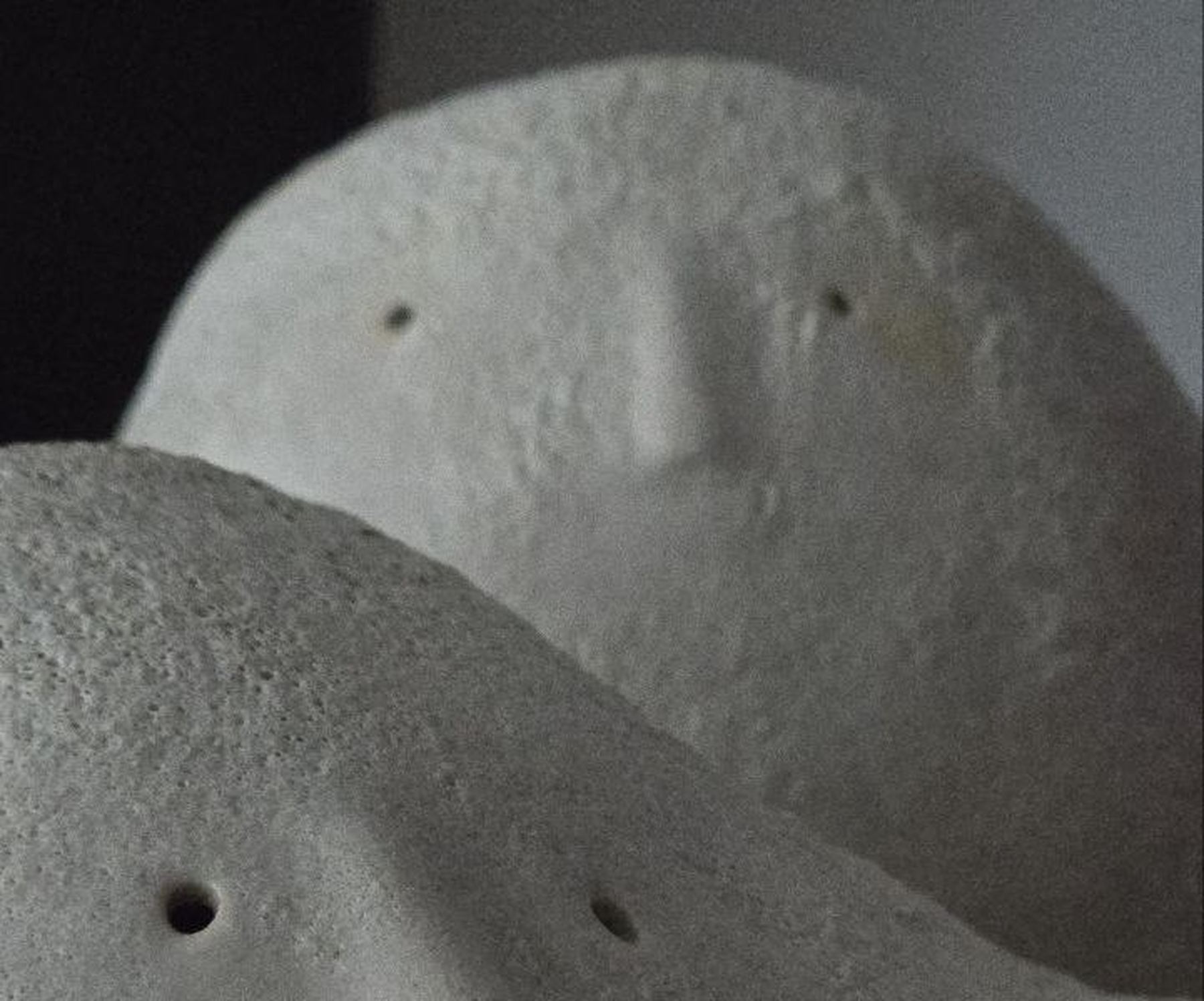 Two bone-white ceramic faces, one in focus, one behind